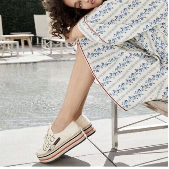 Gucci Cream Canvas Logo Lace-Up Platform Espadrilles Sz 38.5 Collapsible Heels - Picture 1 of 10